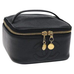 CHANEL COCO Mark Vanity Pouch Grained Calf Skin Black Gold CC Auth 130251
